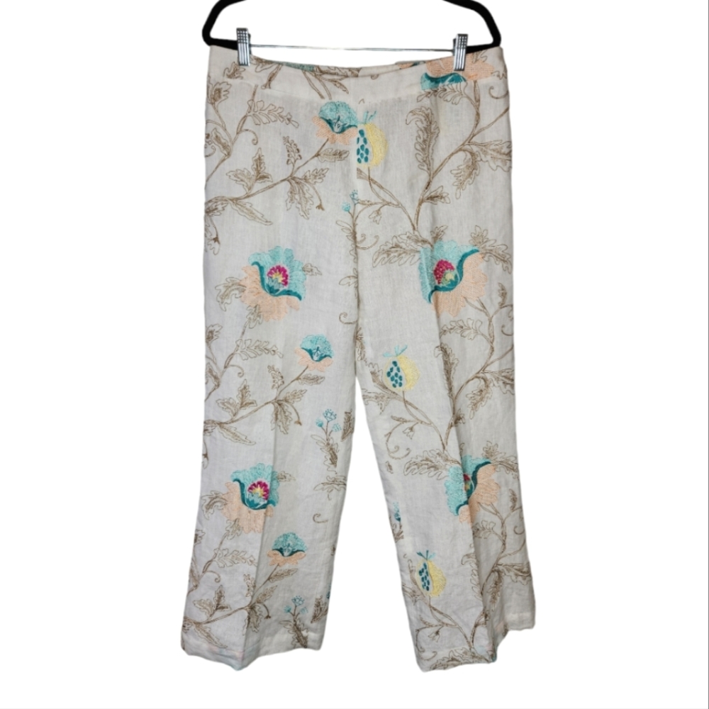 Paperwhite Floral Embroidered Linen Pants Size 14